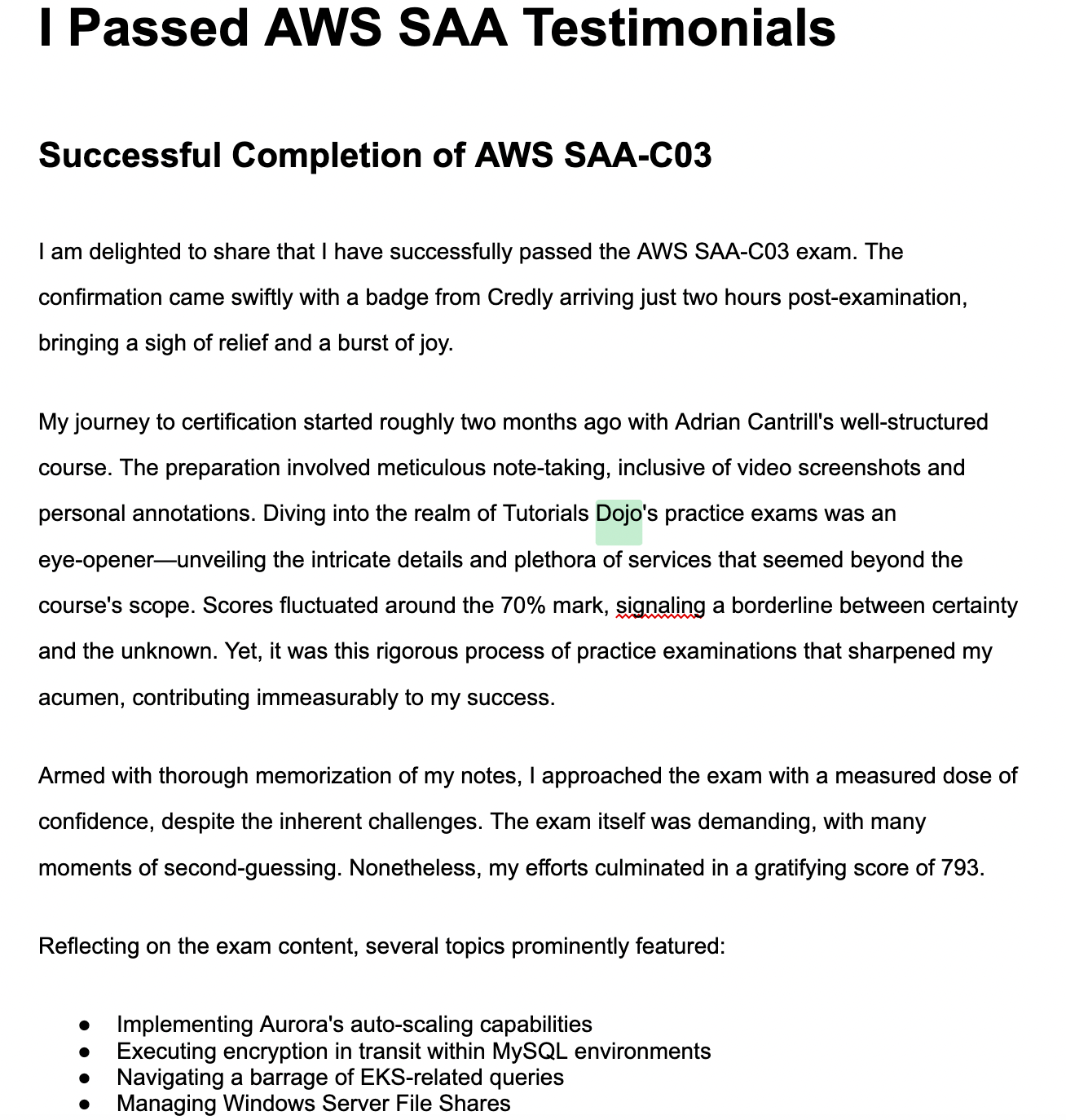Ace the AWS Certified Solutions Architect Associate Exam: Practice Exam in Tutorial Dojo style, Cheat Sheets in Adrian Cantrill Style, I Passed AWS SAA-C03 Testimonials