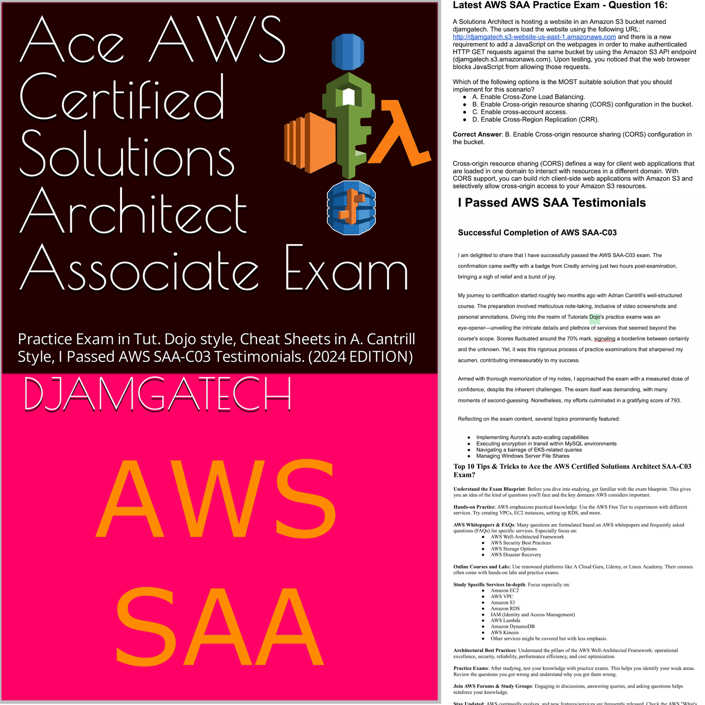 Ace the AWS Certified Solutions Architect Associate Exam: Practice Exam in Tutorial Dojo style, Cheat Sheets in Adrian Cantrill Style, I Passed AWS SAA-C03 Testimonials